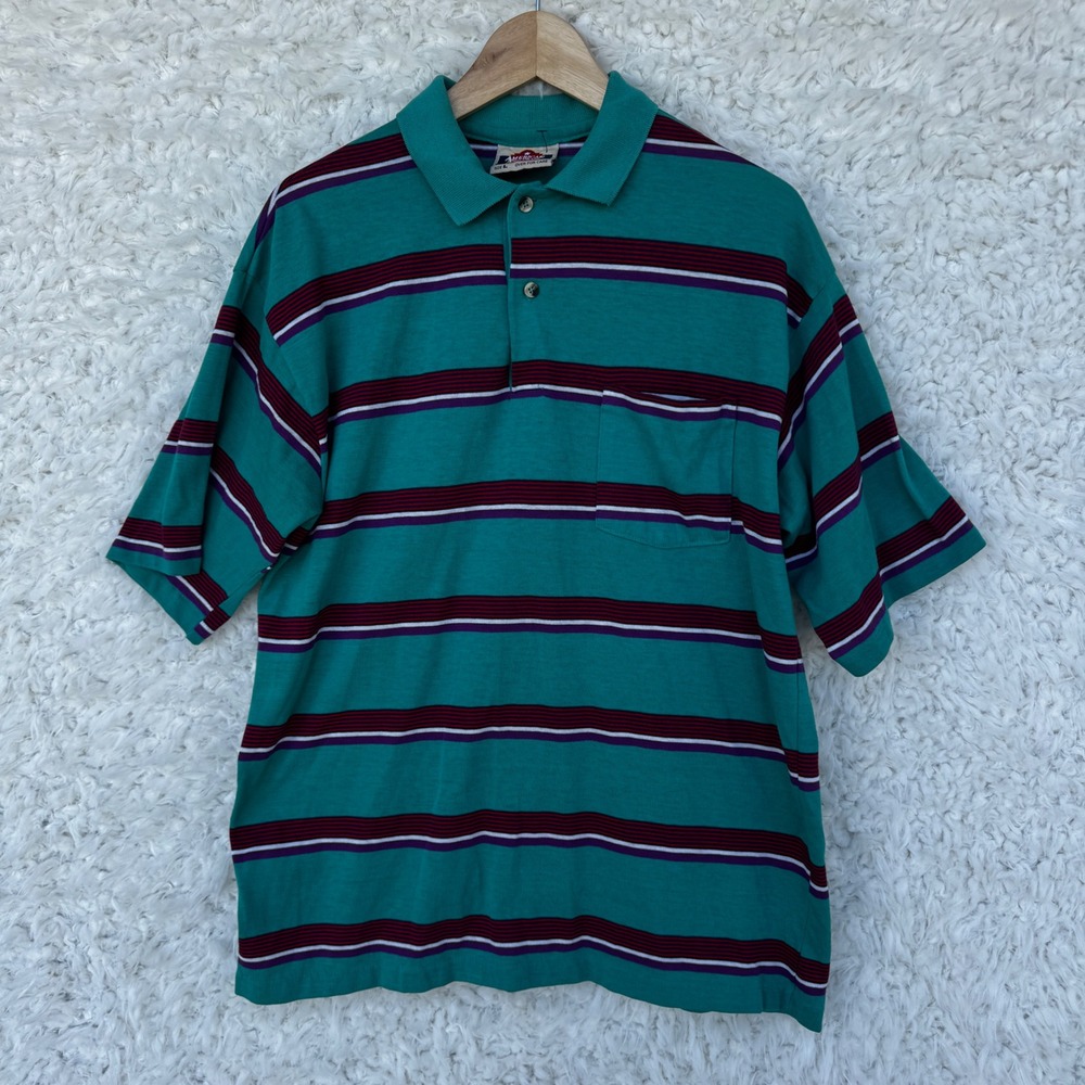American Edition Mens‎ Striped Polo Shirt Large Cotton Short Sleeve VTG 90's USA